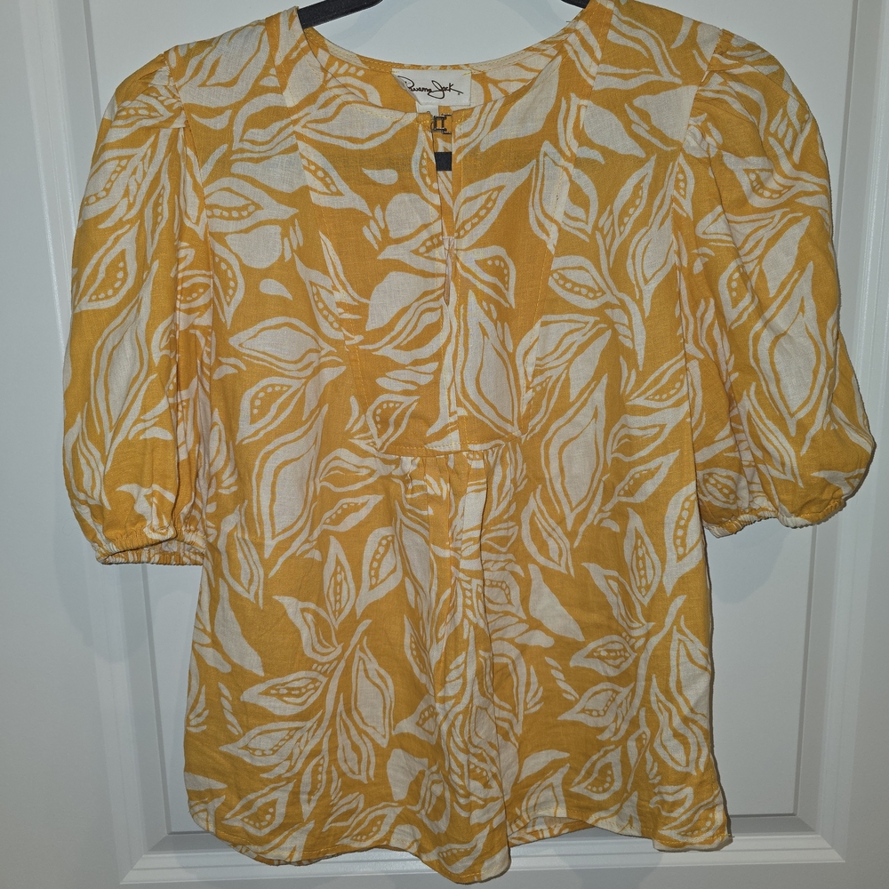 Panama Jack Yellow Linen Blend Short Sleeve Yellow Leaf Print Women's Top Small